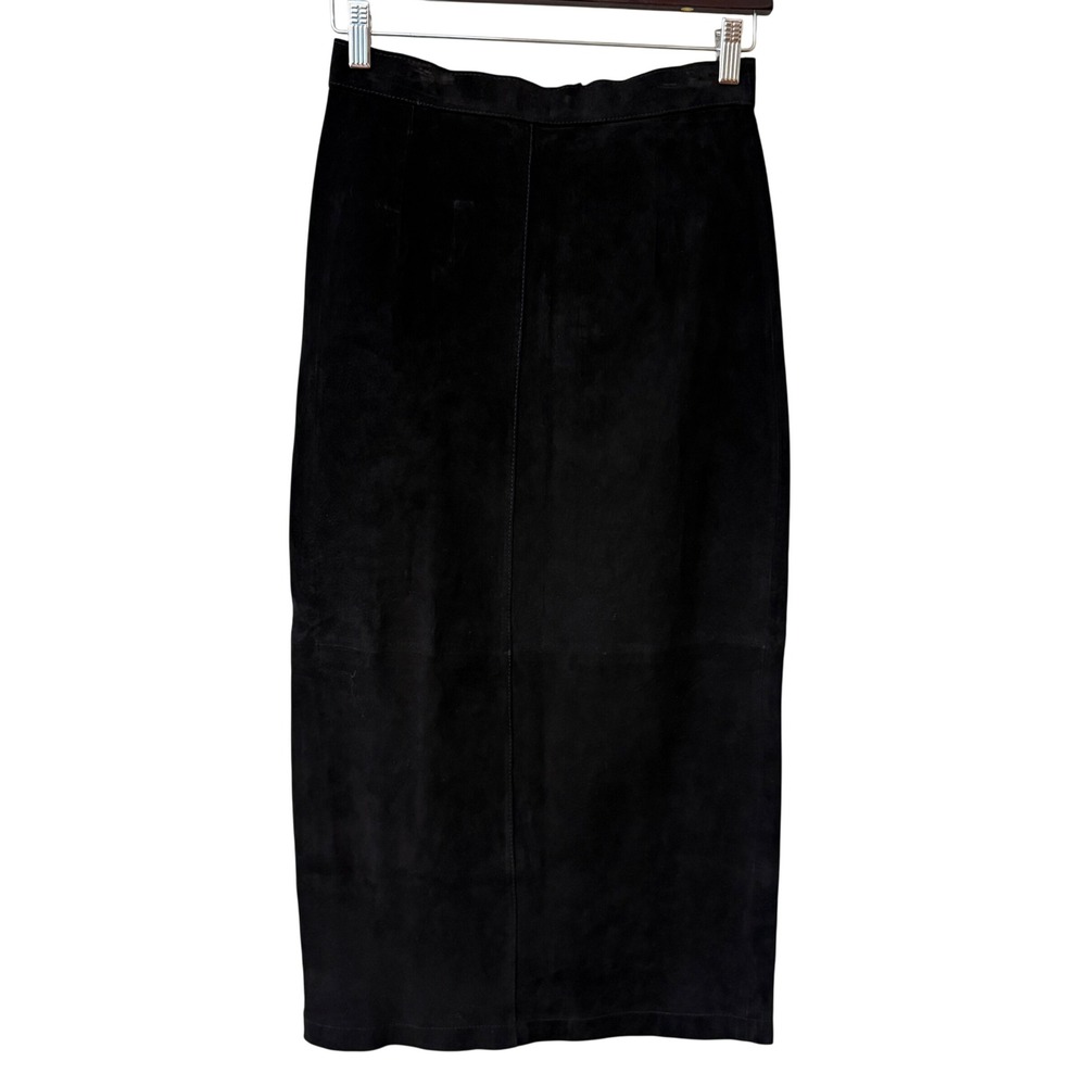 Vintage G-III Women Suede Leather Midi Pencil Skirt 9/10 Black High Waist Office